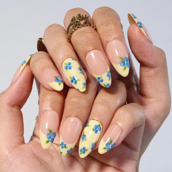 Blueberry Press On Nails with Yellow French Tips | Medium Almond Fake Nails - Picture 2 of 5
